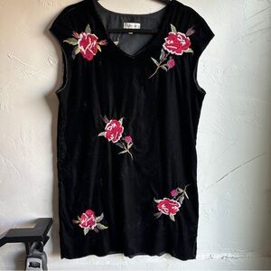 Black Velvet Floral Embroidered Dress Whimsigoth 90s Grunge Romantic Goth Mini L